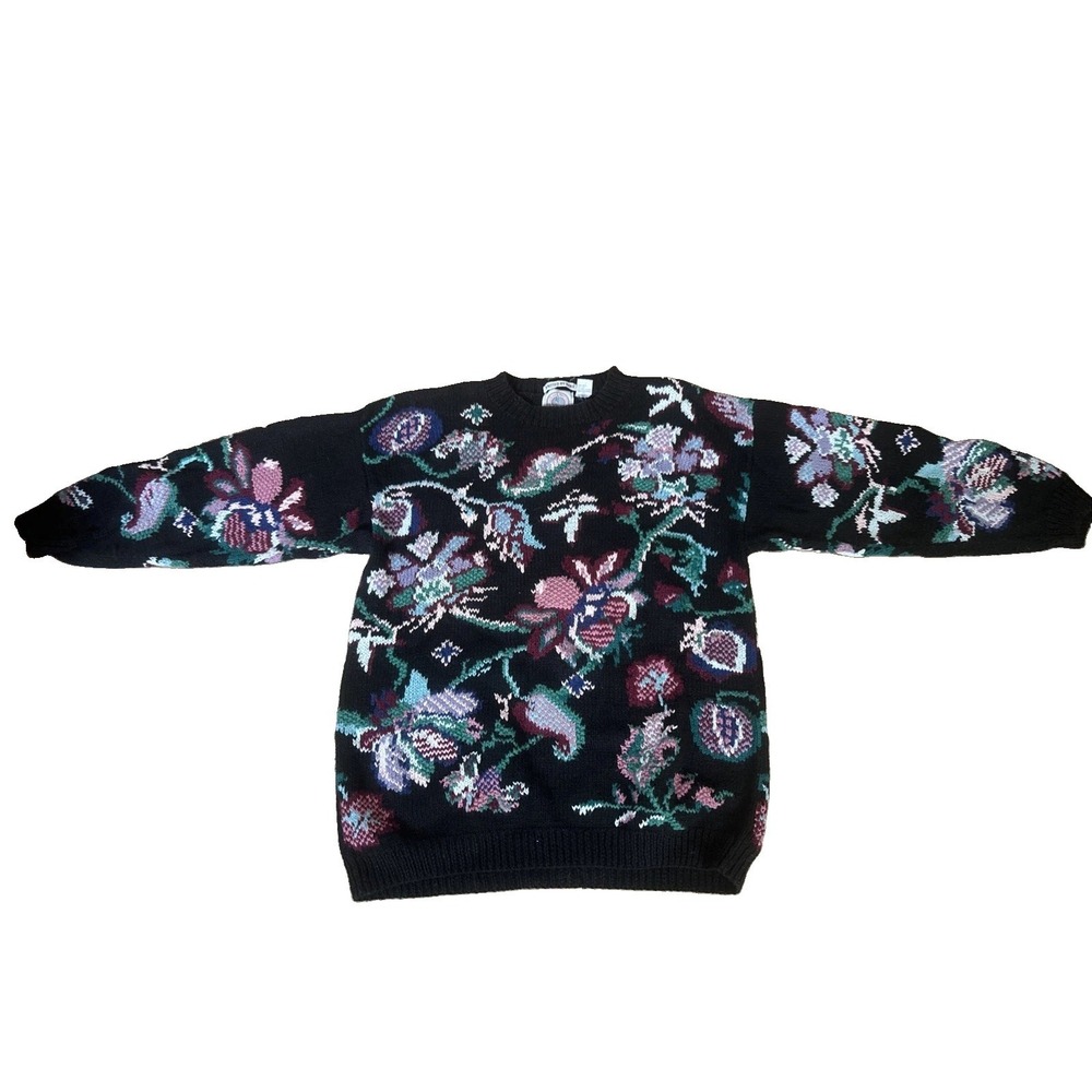Vintage Cape Isle Knitters Hand Knitted Sweater Large Floral Ramie Cotton Crew